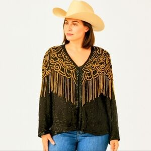 Chic Western Beaded Fringe 100% Pure Silk V-Neck Evening Jacket XL Rodeo Cowgirl